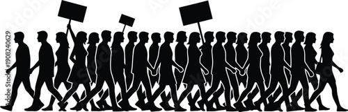 A dense silhouette of a large crowd of people, including men and women, marching together in a unified direction, suggesting a protest or demonstration for a cause