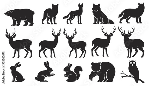 Forest animal silhouettes collection, bear, fox, wolf, deer, rabbit, squirrel, owl, wildlife vector illustration, nature design, woodland art