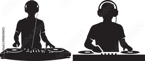 Silhouettes of two DJs with headphones playing music on turntables at a party or club