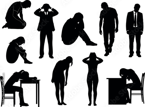 Silhouettes of people experiencing stress and stress at work or office