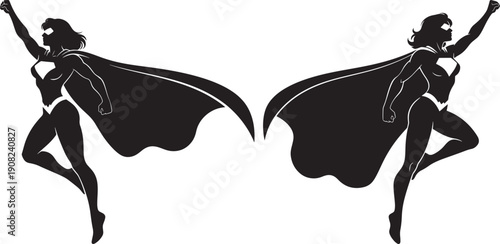 Silhouettes of two female superheroes flying with capes, empowered, strong, and dynamic