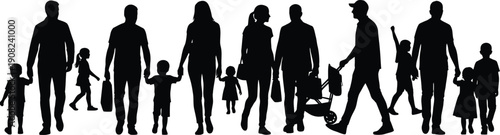 A diverse silhouette of city people, men and women of varying ages, walking and casually interacting in an urban setting, creating a sense of a bustling crowd.