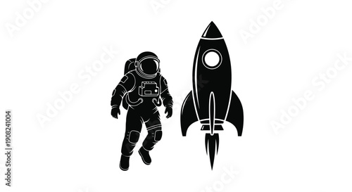 Astronaut floating near a rocket ship in a minimalist design