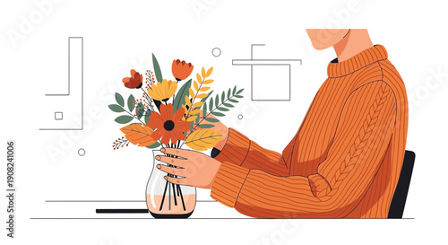 Woman arranging autumn flowers in a vase, flat illustration, minimalist floral design
