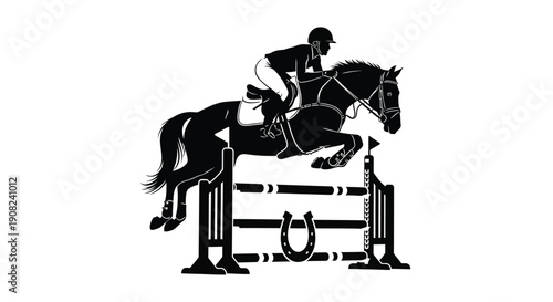 Silhouette of a horse and rider jumping over a show jumping obstacle
