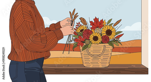 Woman Arranging Autumn Flowers in Basket by Window, Cozy Seasonal Decor
