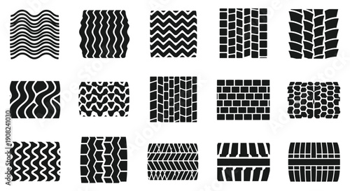 Collection of diverse black and white tire tread patterns displayed in a grid