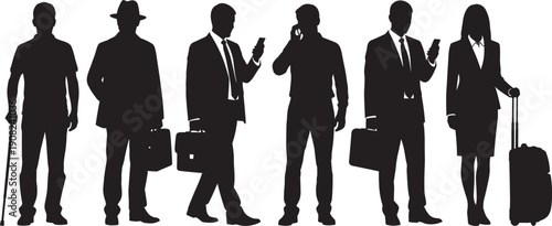 Black Silhouettes Set of Business People and Travelers Including Professionals with Briefcases Using Smartphones and a Businesswoman with Suitcase Isolated on White Background Vector