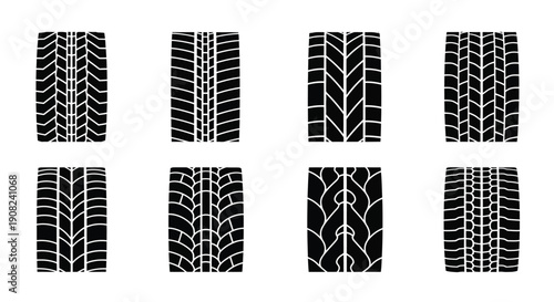 Eight different tire tread patterns displayed in a grid format