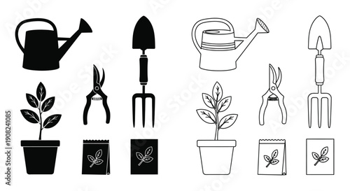Gardening tools and plants illustrated in a simple black and white style