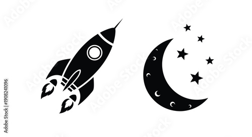A simple black silhouette of a rocket ship flying past a crescent moon