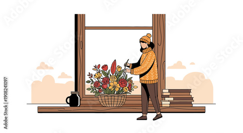 Woman Arranging Autumn Flowers in Basket on Windowsill, Cozy Scene
