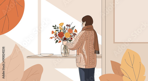 Woman arranging autumn flowers in vase near window, soft light, cozy home interior