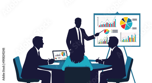 Business presentation in a meeting with data charts and focused attendees