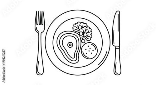 Line drawing of a plate with steak eggs and side dishes with cutlery