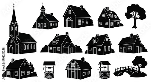 Collection of black silhouette buildings including homes churches and a well