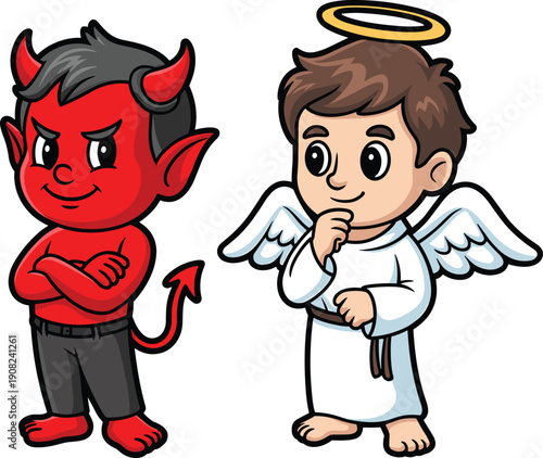 Cute cartoon devil and angel characters illustration, good versus evil concept, moral choice design isolated on white background