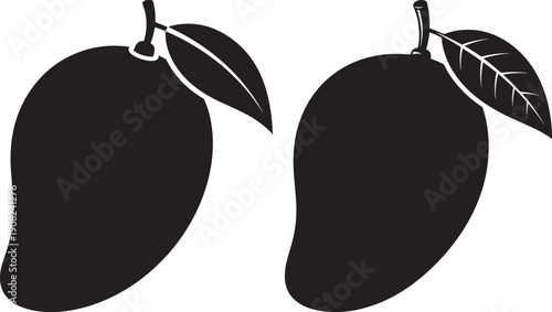 Two black silhouettes of ripe mango fruits with leaves, tropical fruit illustration