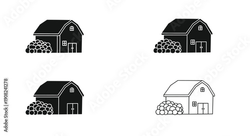 Black and white line art of farm buildings and hay bales