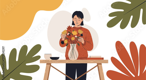 Woman Arranging Autumn Flowers in Vase, Flat Illustration Style