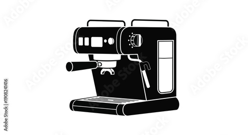 A black and white illustration of a modern espresso machine