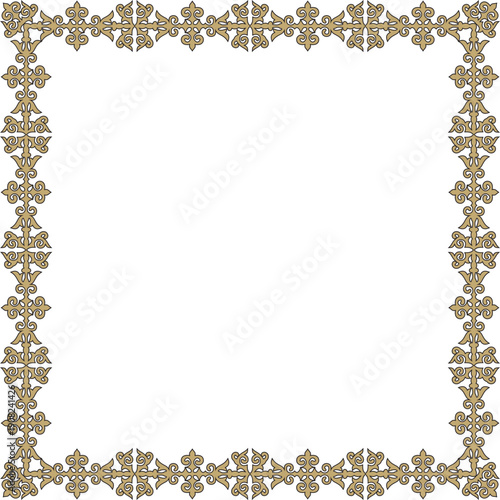 Vector gold with black square Kazakh national ornament. Ethnic pattern of the peoples of the Great Steppe,

