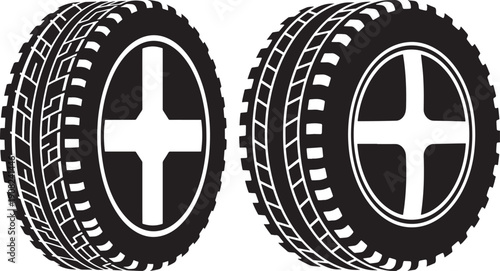 Black silhouettes of two car tires with treads, automotive and transport concept illustration