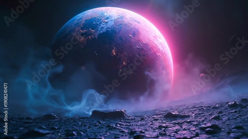Futuristic View of a Planet in Space with Neon Glow | Cosmic Landscape with Vibrant Planet and Nebula | Space and Technology: A Glowing Planet in a Sci-Fi Setting