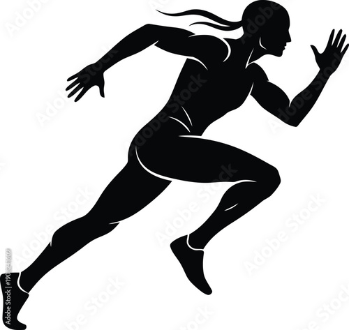 A dynamic silhouette of a single runner, male or female, captured in full stride, showing speed, movement, and determination.