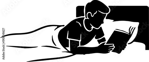 A man reading a book in bed silhouette on transparent background