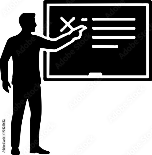 A silhouette of a man pointing at a checklist on a screen