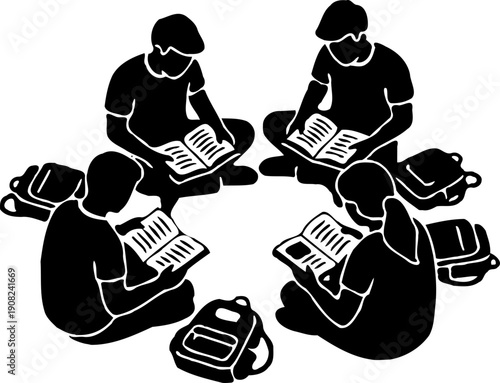 A group of students sitting in a circle reading books in silhouette on transparent background