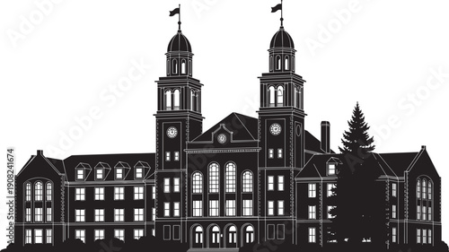 Black Silhouette of a Grand Historic Building with Clock Towers and Classic Architecture for University Government or Cathedral Landmark Design Isolated on White Background Vector