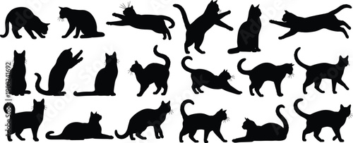 Set of cat silhouettes showing different playful and resting poses, black feline animal illustrations isolated on white background for pet, behavior and design concepts