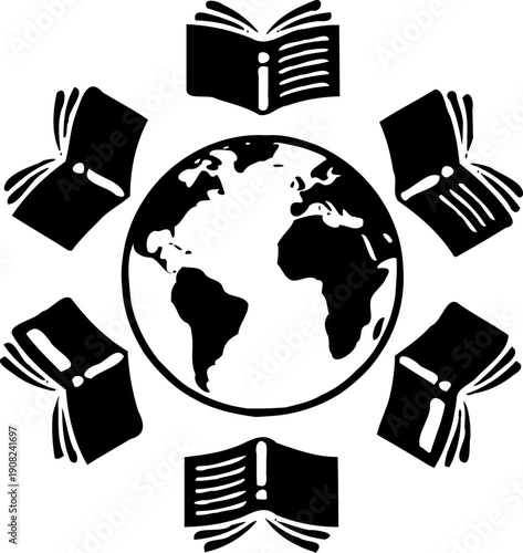 A black and white vector graphic illustration of a globe surrounded by open books on transparent background silhouette