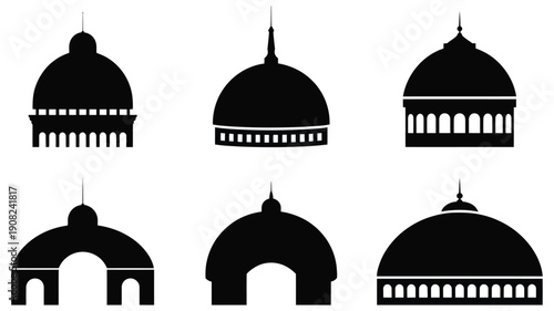 Islamic dome silhouettes, Mughal style mosque architecture vector, black domes icons, cultural heritage symbols, traditional skyline elements, religious building illustration, flat vector design.