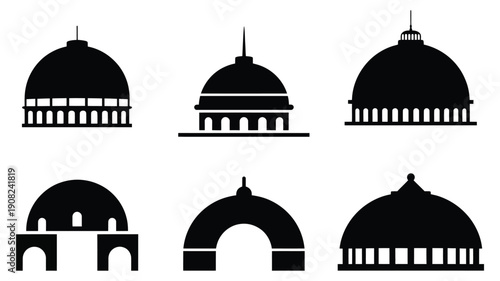 Islamic dome silhouettes, Mughal style mosque architecture vector, black domes icons, cultural heritage symbols, traditional skyline elements, religious building illustration, flat vector design.