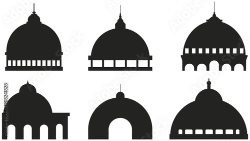 Islamic dome silhouettes, Mughal style mosque architecture vector, black domes icons, cultural heritage symbols, traditional skyline elements, religious building illustration, flat vector design.
