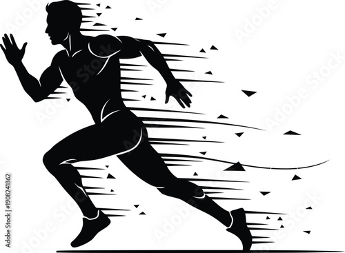 A dynamic silhouette of a single runner, male or female, captured in full stride, showing speed, movement, and determination.