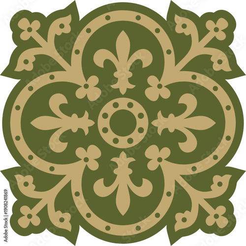 Vector gold with green gothic ornament. Medieval European art. Traditional patterns of Catholic cathedrals.