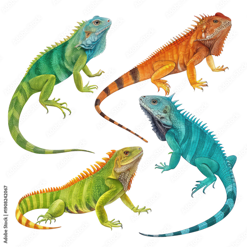 Fototapeta premium set of iguanas colorful ,isolated on transparent background png