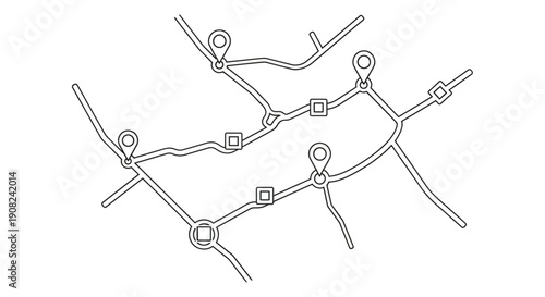 Simplified line map with circular and square nodes representing connections