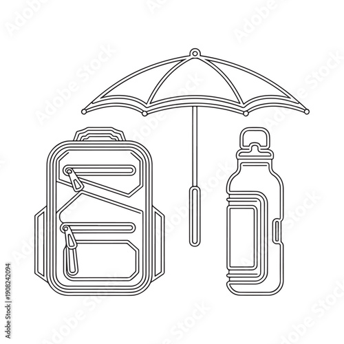 Line art illustration of a backpack water bottle and umbrella