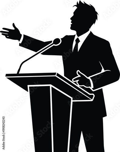 A silhouette of a confident public speaker, a man or woman, standing at a podium and actively gesturing while speaking