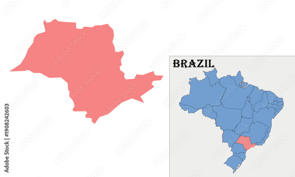 Obraz premium São Paulo State Map, Southeast Brazil with Administrative Boundaries.Map of São Paulo Brazil Showing State Borders and Location. São Paulo Brazil Map Isolated on White Background. 
