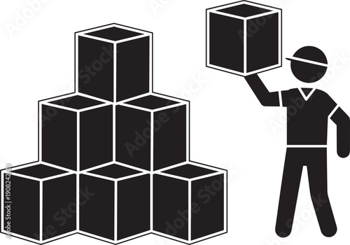 Black Silhouette of a Warehouse Worker Stacking Square Cardboard Boxes for Logistics Storage Inventory Management and Delivery Services Isolated on White Background Vector Illustration