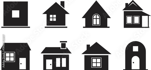 Black Silhouette Set of Minimalist House Icons and Residential Building Symbols for Real Estate Property Web Design Architecture and Neighborhood Map Project Vector Art