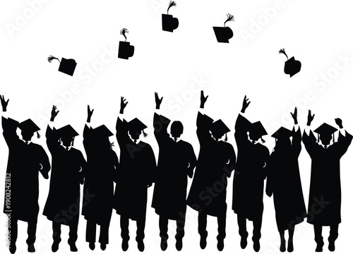A silhouette of a group of graduating students, wearing academic caps and gowns, joyfully tossing their graduation caps into the air in celebration