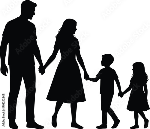 A silhouette of a family, consisting of a father, mother, a boy, and a girl, walking together side-by-side