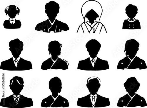 結婚式親族和装洋装いろいろモノクロシルエットセット